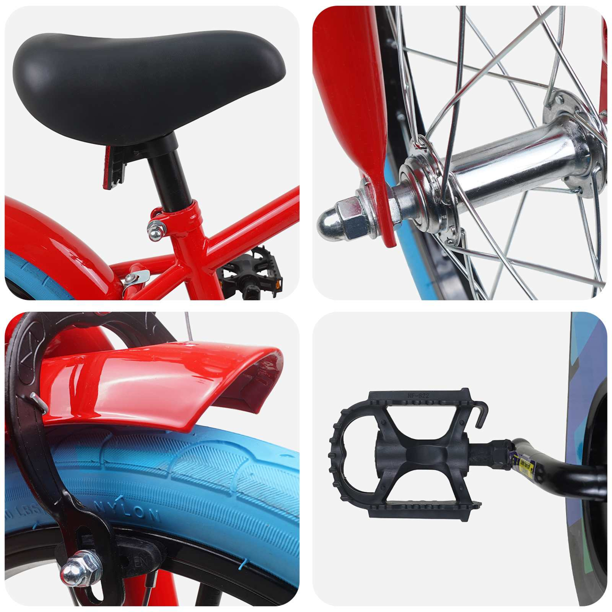 Details eines roten Fahrrads: Sattel, Vorderrad, Bremse und Pedal.