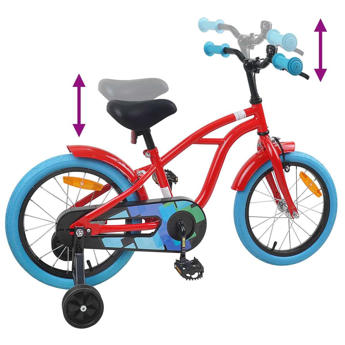 Rotes Kinderfahrrad mit blauen Reifen, Stützrädern und Höhenverstellung.
