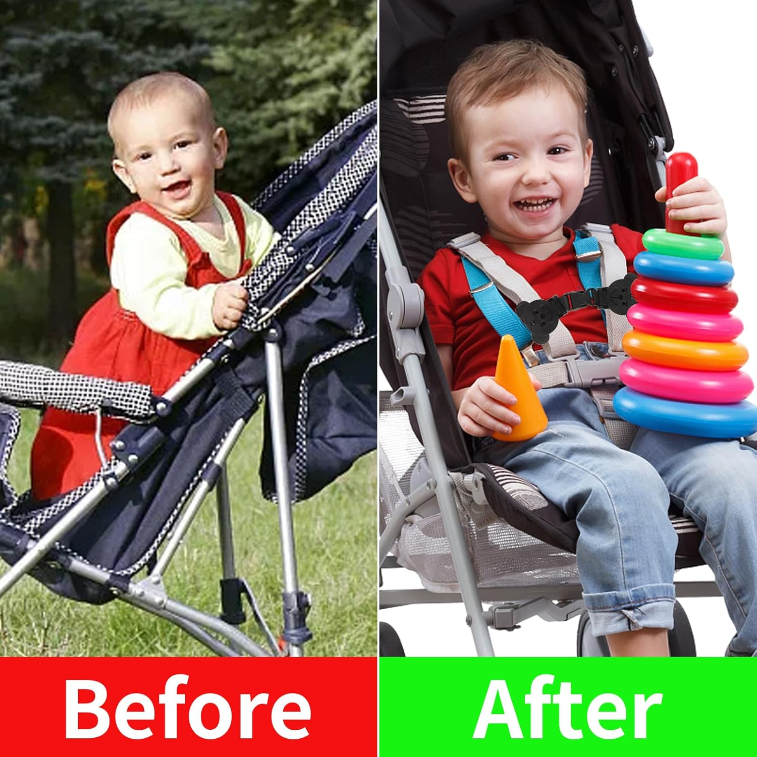 Vorher/Nachher-Vergleich: Baby im Kinderwagen vs. Kleinkind mit Spielzeug im Kinderwagen.