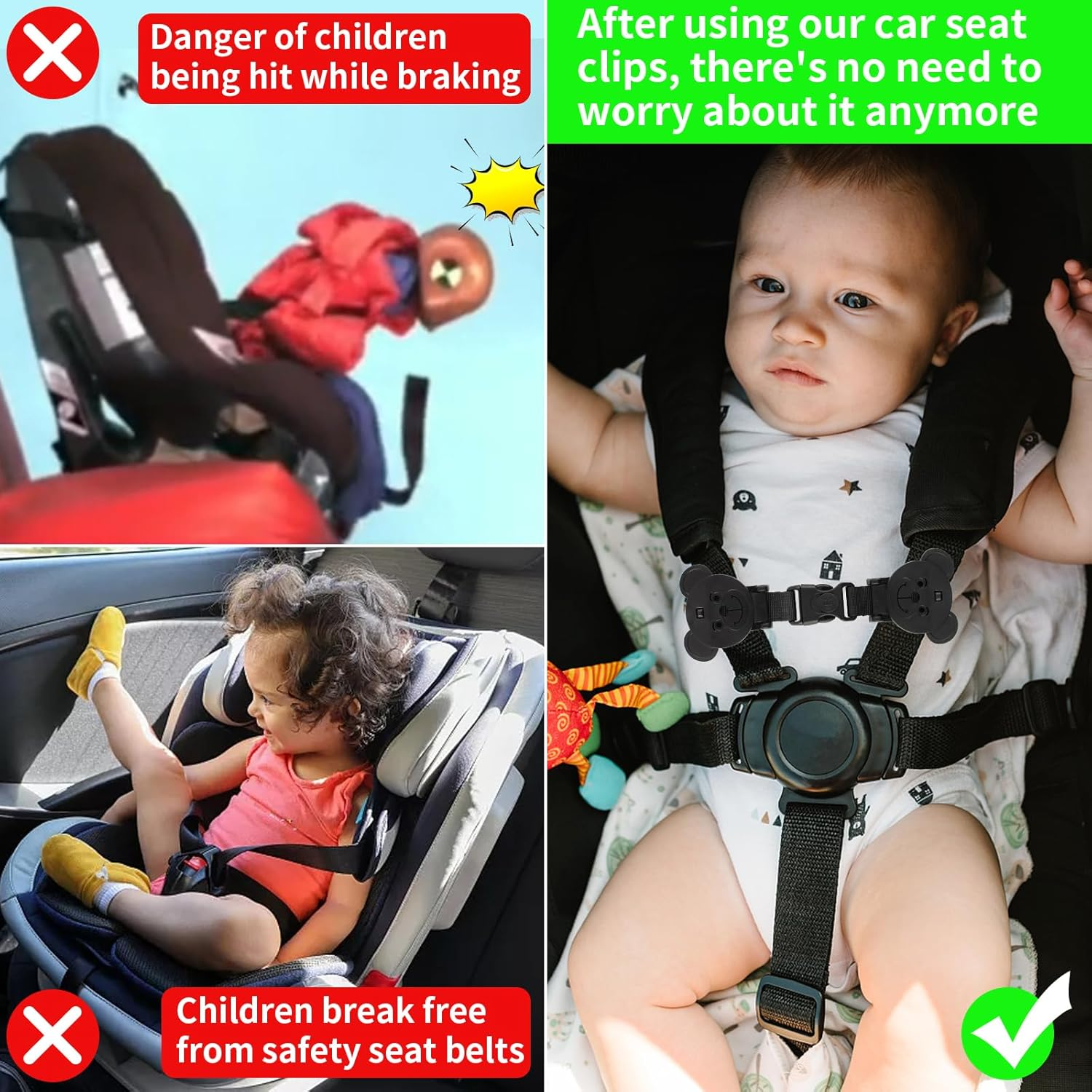 Collage: Kindersitz-Sicherheit. Links oben: Schockpuppe im Autositz. Unten: Kind in Sitz. Rechts: Baby im Gurt.