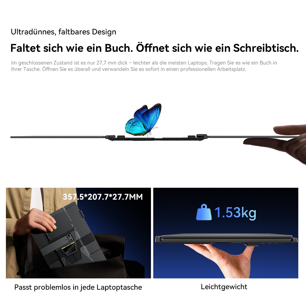 Ein ultradünner Laptop, der sich wie ein Buch faltet, mit Schmetterling und Hand.