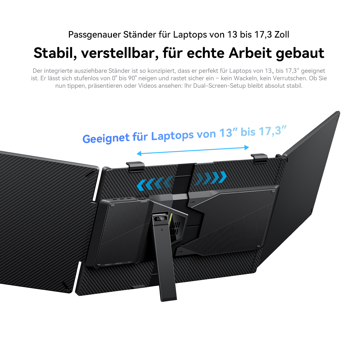 Rückseite eines schwarzen Laptop-Ständers mit zwei ausziehbaren Bildschirmen.