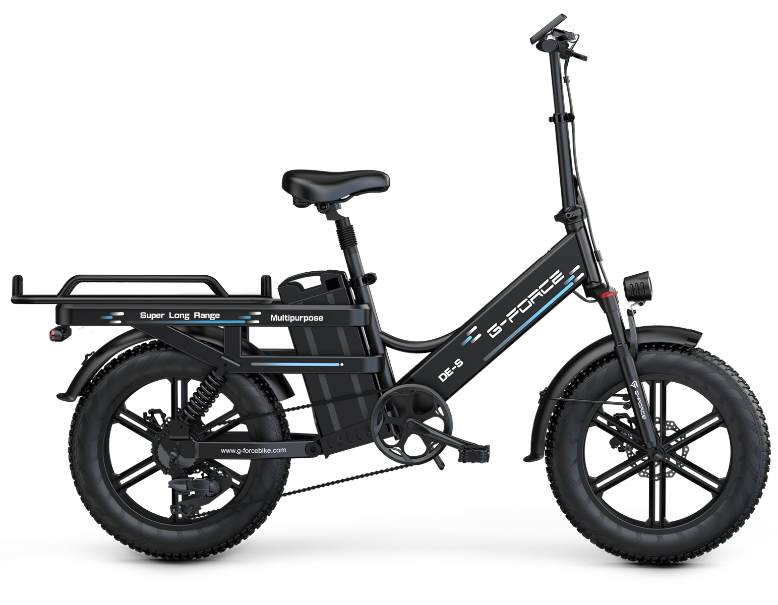 Schwarzes E-Bike mit breiten Reifen, Gepäckträger und "Super Long Range"-Aufschrift.