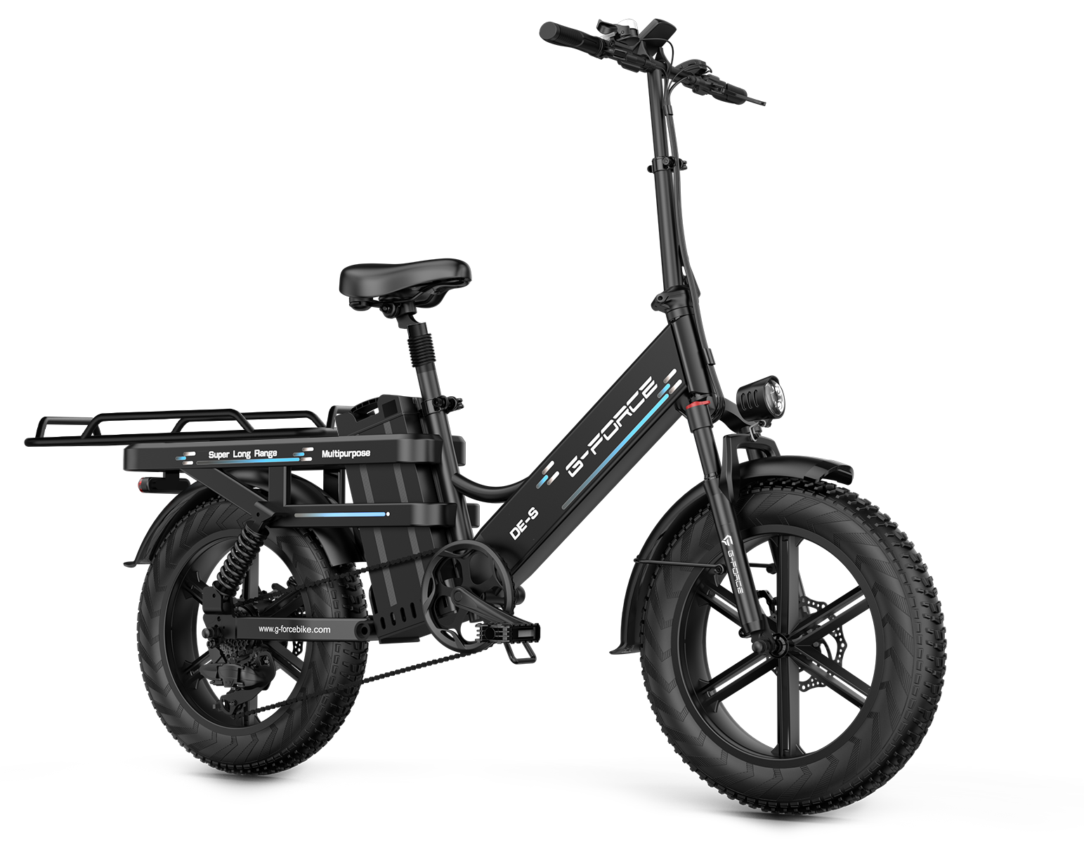 Schwarzes E-Bike mit breiten Reifen, Gepäckträger und Scheinwerfer.