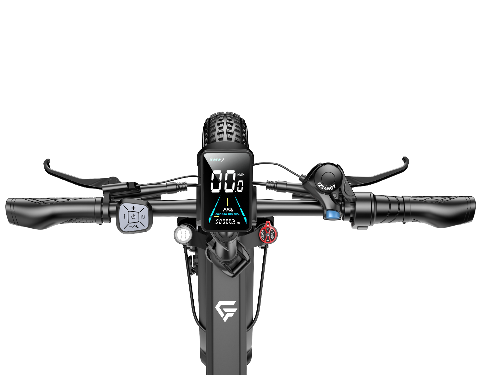 Lenker eines E-Scooters mit digitalem Display, Bremsen, Gasgriff und Bedienelementen.