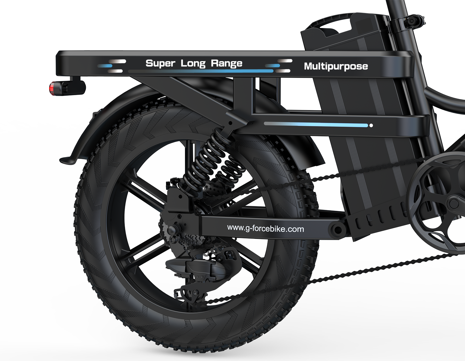 Schwarzes E-Bike mit breiten Reifen, Federung und Akkupack. Text: Super Long Range.