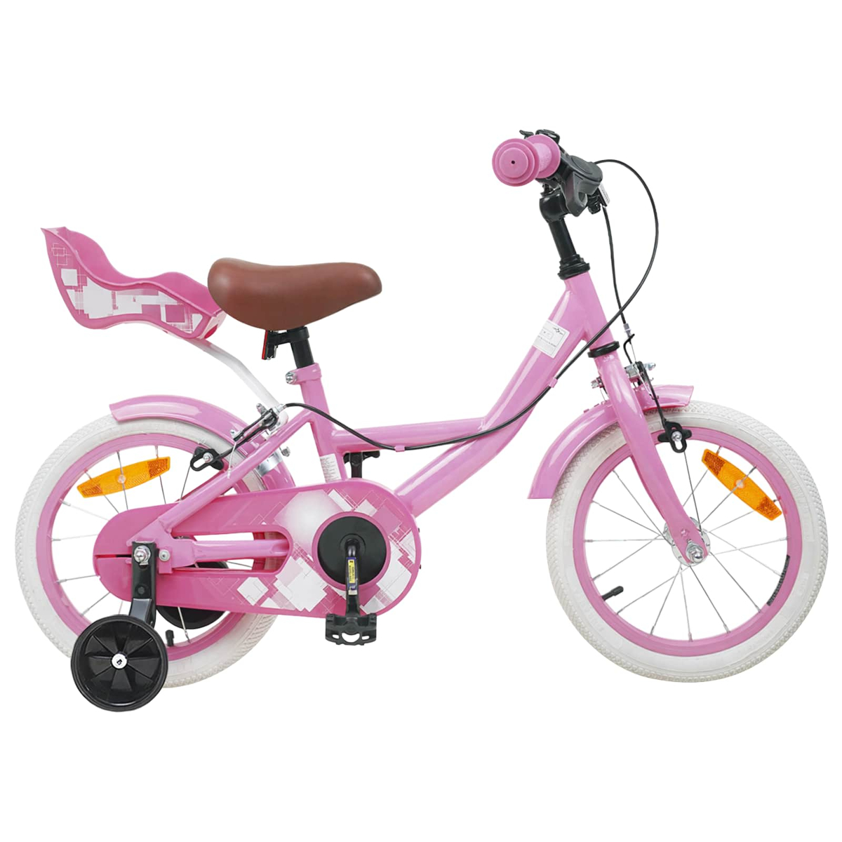 Ein rosa Kinderfahrrad mit Stützrädern, braunem Sattel und Kindersitz.