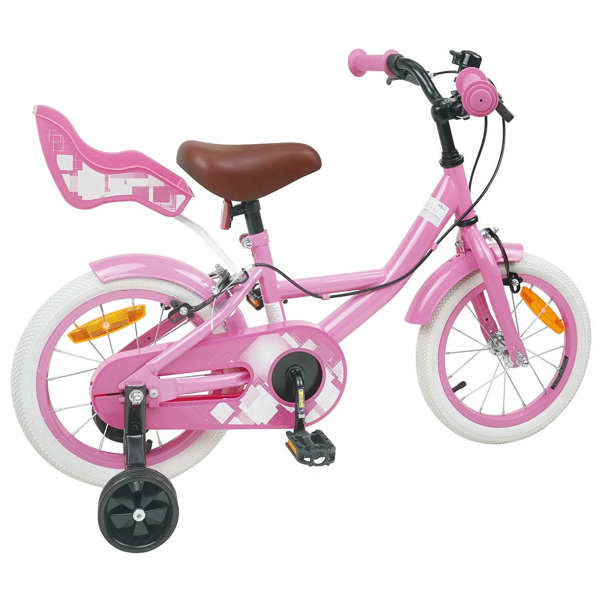 Ein pinkes Kinderfahrrad mit Stützrädern und braunem Sattel.