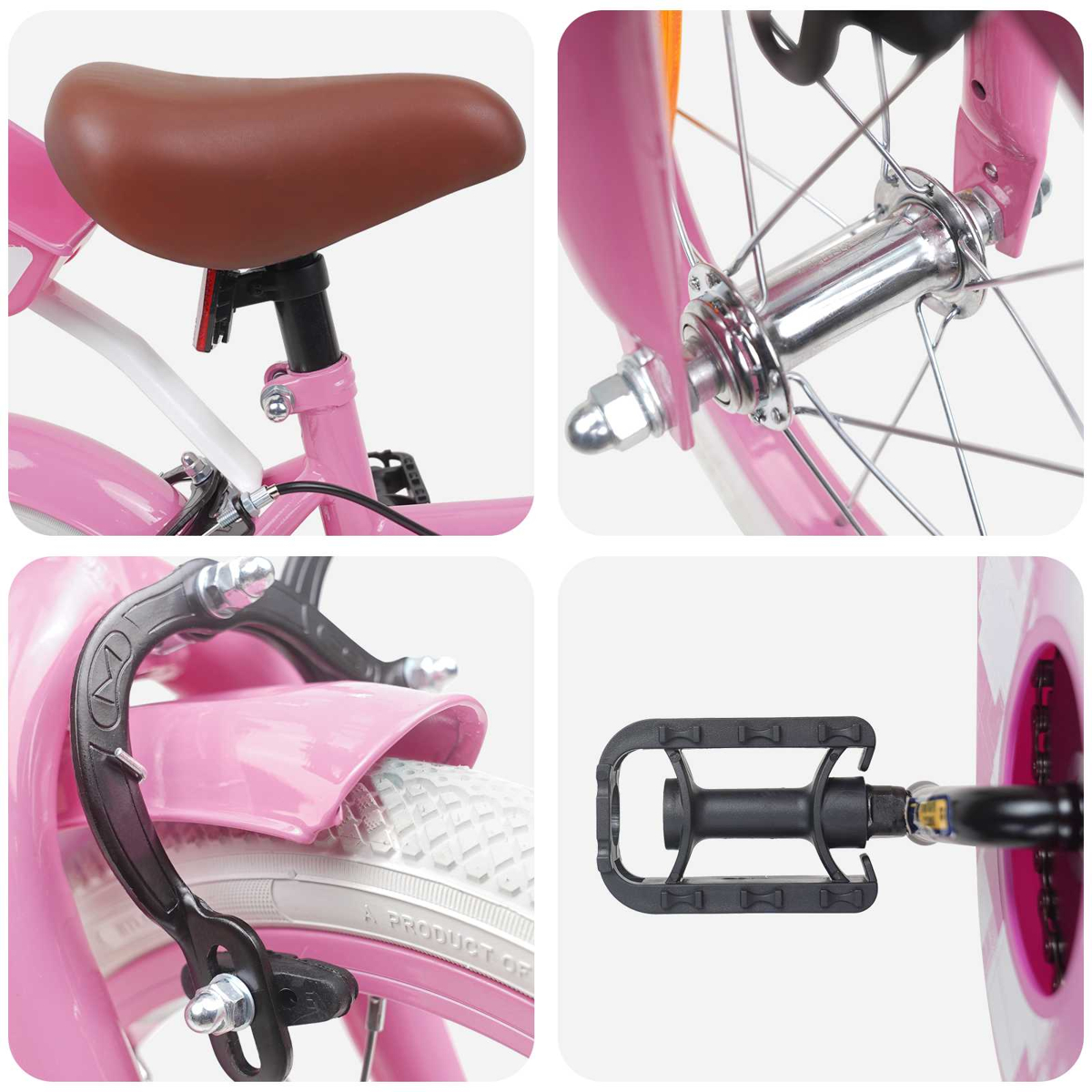 Nahaufnahmen eines rosa Kinderfahrrads: Sattel, Vorderradnabe, Bremse, Pedal.
