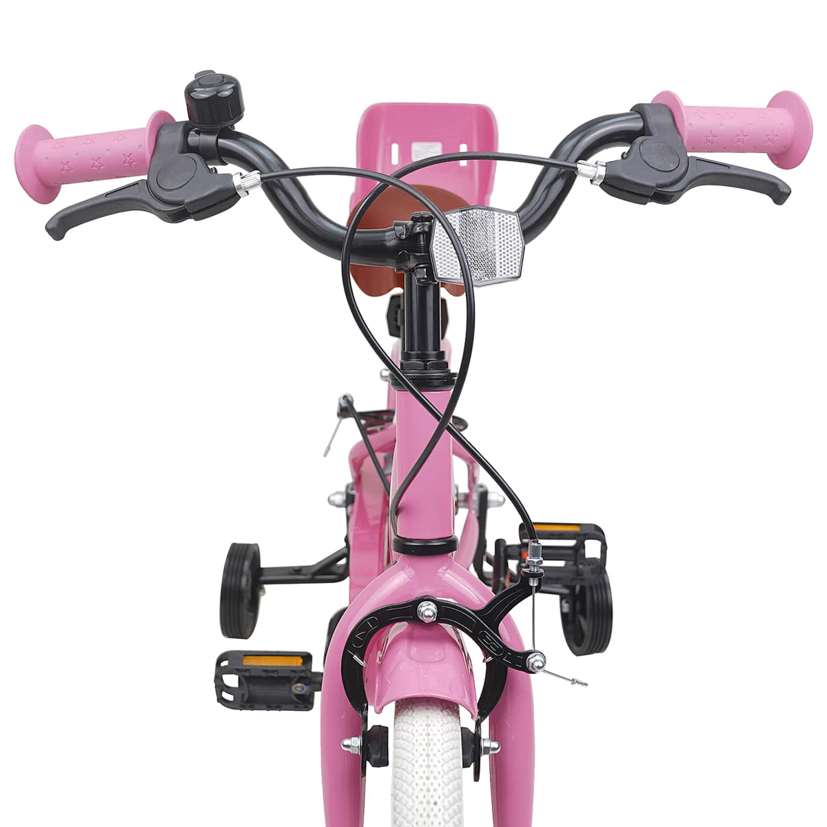 Rosa Kinderfahrrad mit Stützrädern, Lenker mit Griffen, Klingel und Bremsen.