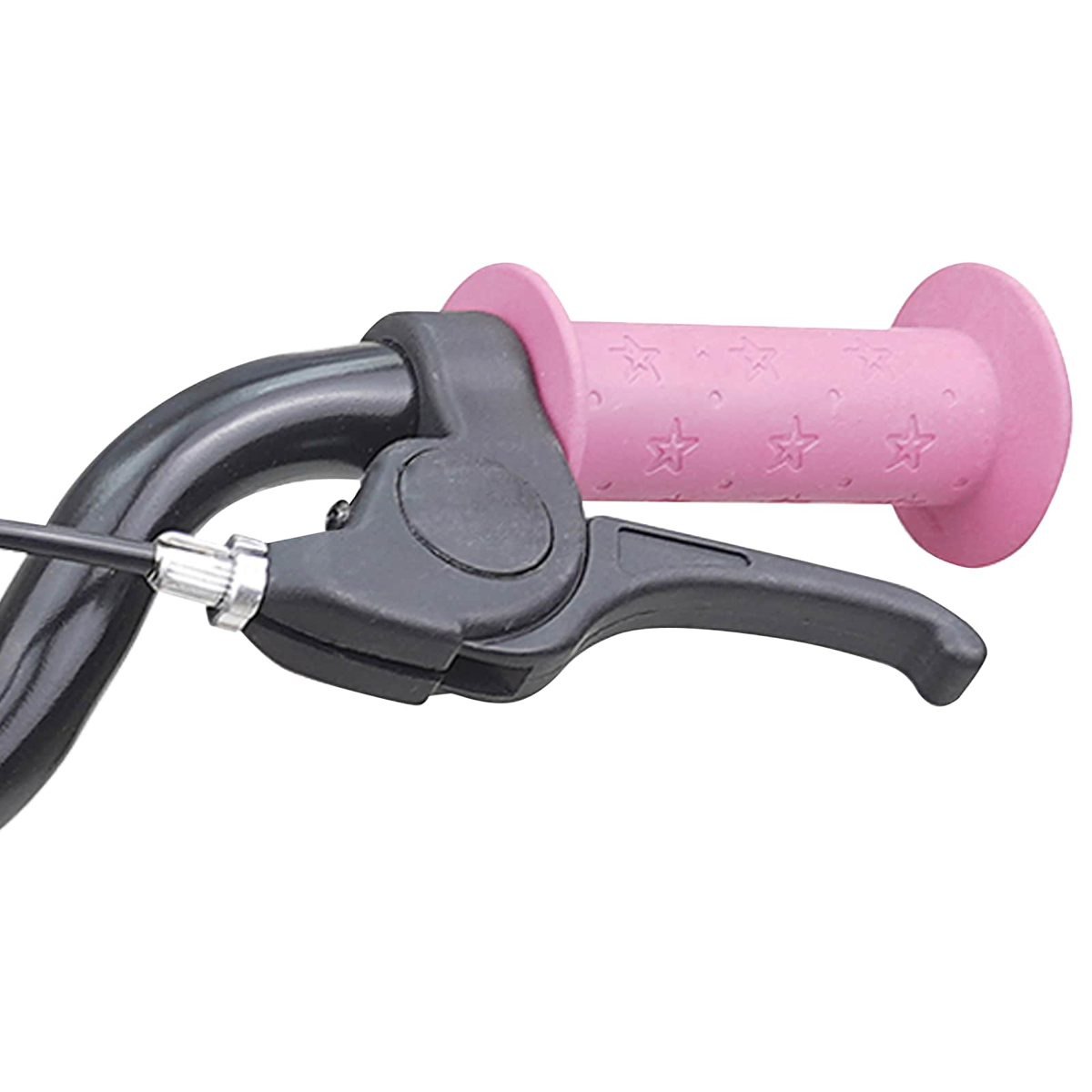 Rosa Lenkergriff mit Sternen und schwarzem Bremshebel an einem Fahrrad.