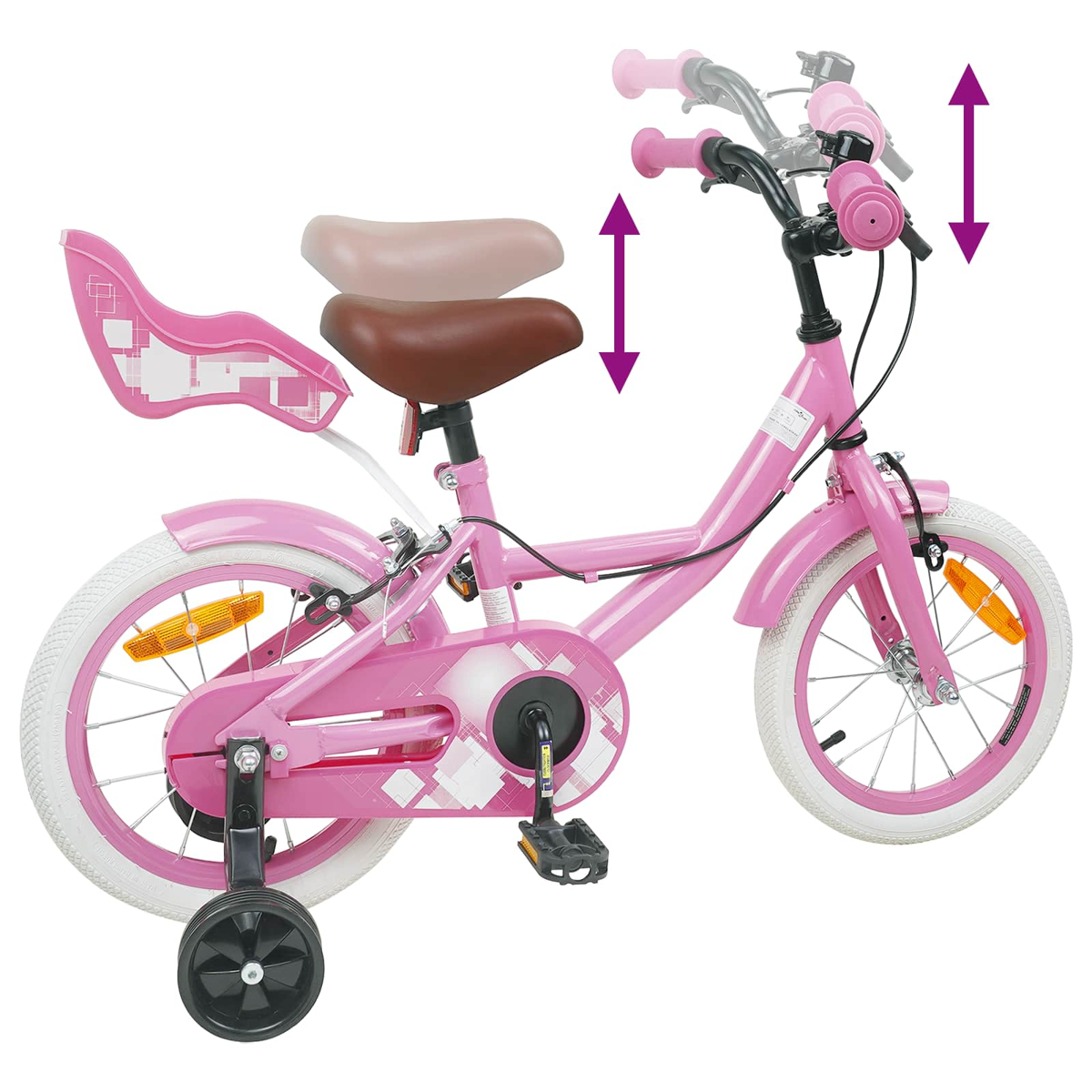 Ein pinkes Kinderfahrrad mit Stützrädern, verstellbarem Sattel und Lenker.