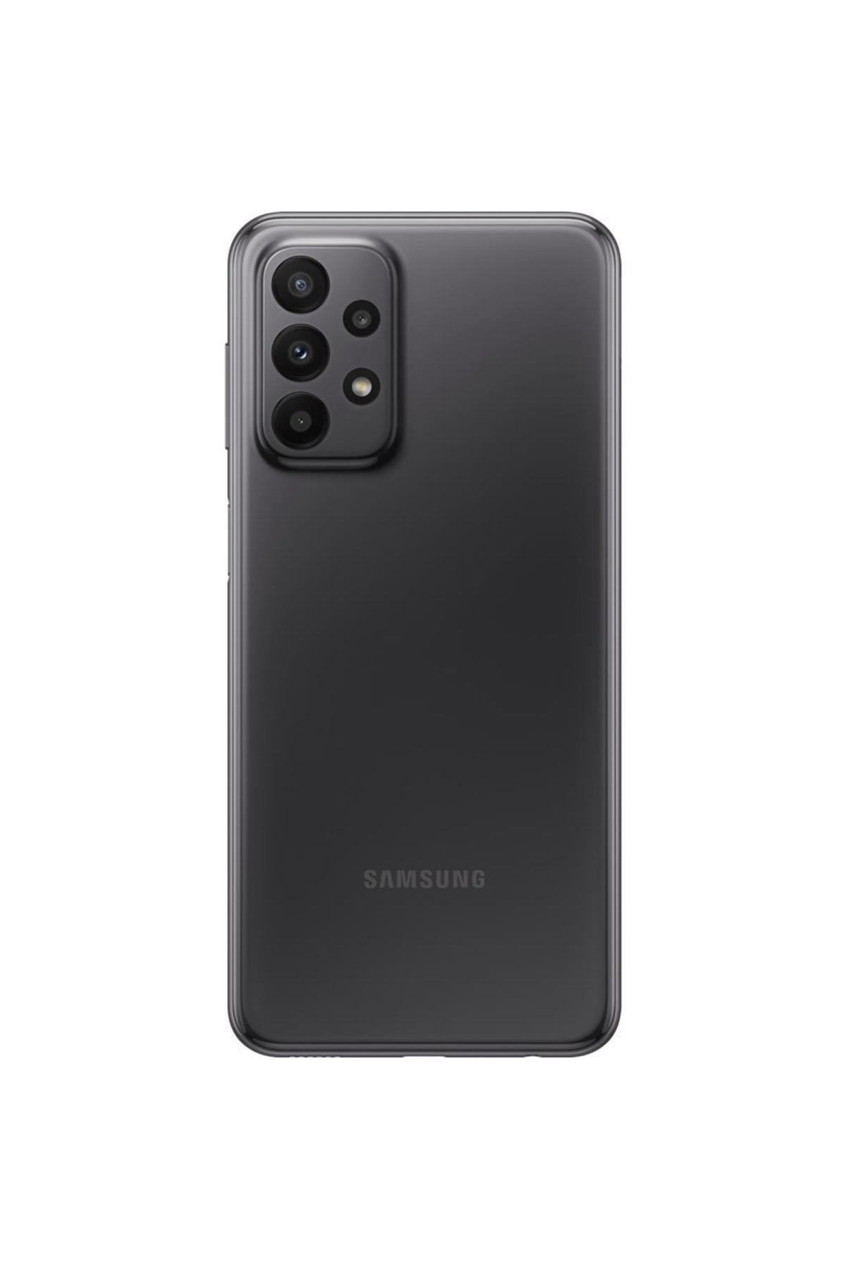 Dört kameralı siyah Samsung akıllı telefonun arkası ve Samsung logosu.