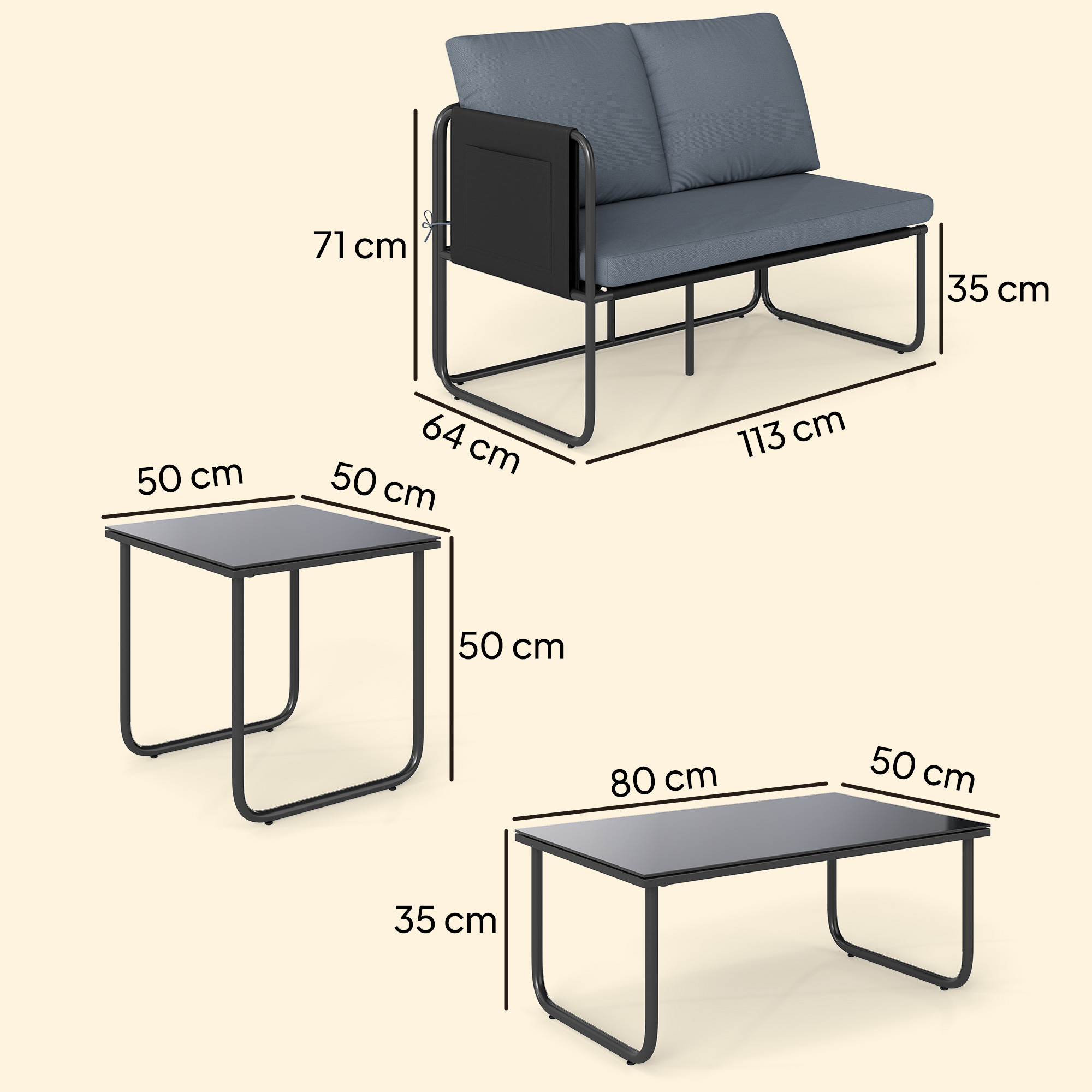 Un sofá gris y dos mesas negras con dimensiones.