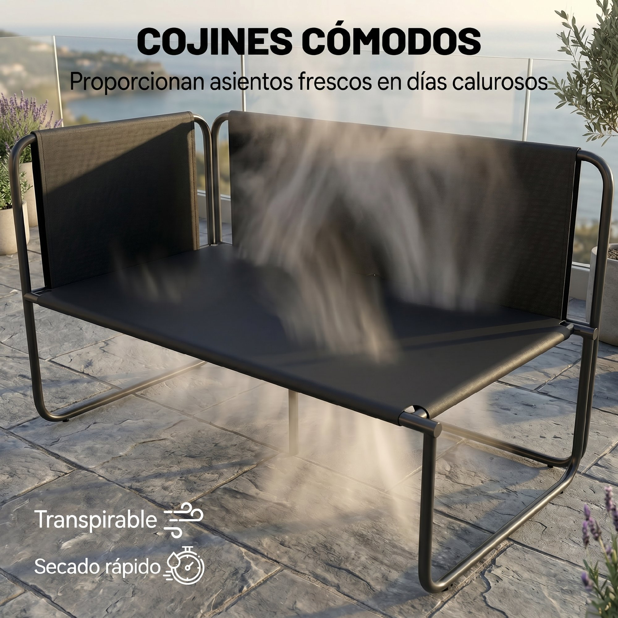 Banco exterior gris oscuro con estructura metálica, emite vapor.