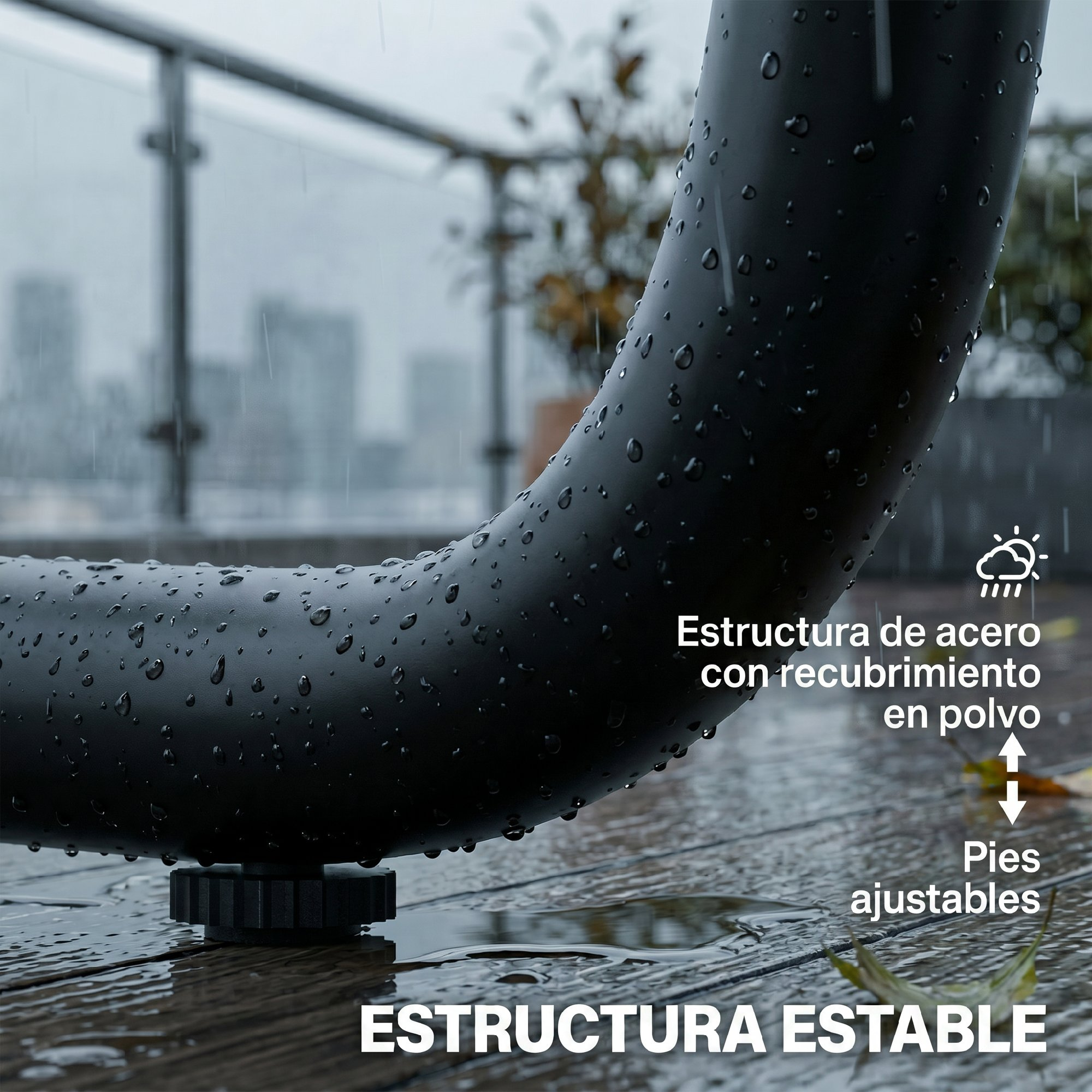Tubo de acero con recubrimiento en polvo y pies ajustables sobre madera mojada.