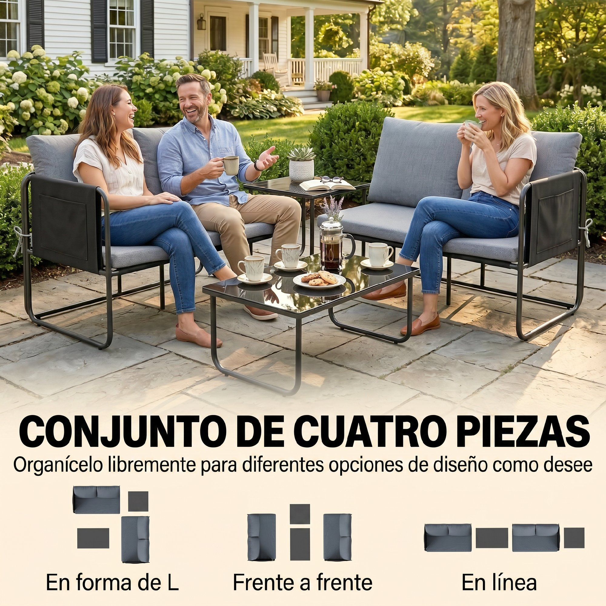 Tres personas se relajan en un juego de muebles de patio, con café y galletas.