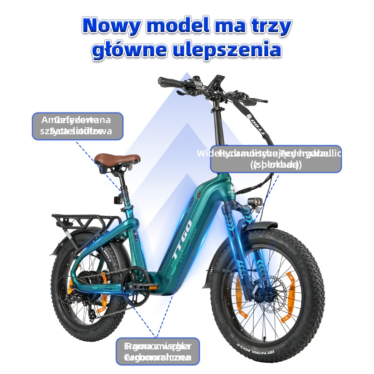 Zielony rower elektryczny z grubymi oponami i amortyzacją, podkreślający ulepszenia.