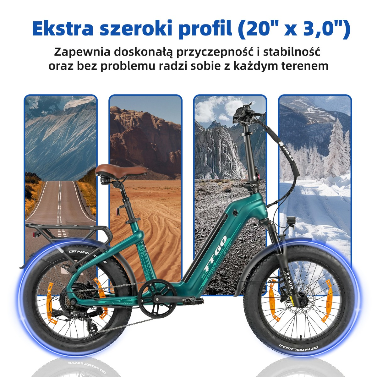 Turkusowy rower elektryczny z grubymi oponami przed czterema obrazami krajobrazów: droga, pustynia, góry, śnieg.
