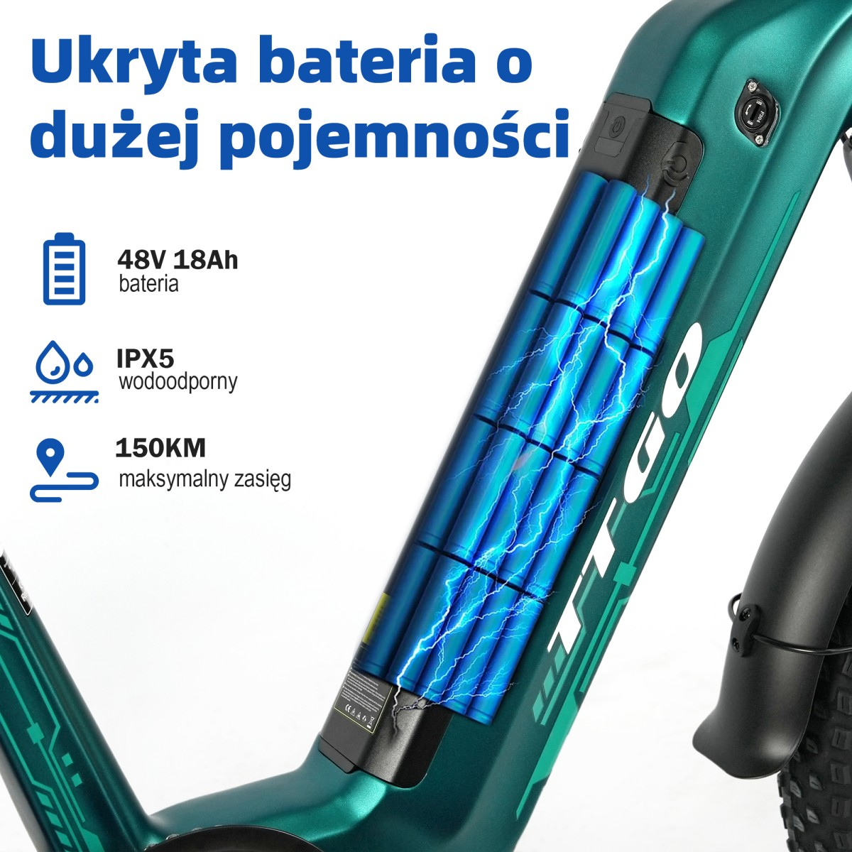 Zbliżenie roweru elektrycznego pokazujące widoczne ogniwa baterii i specyfikacje.