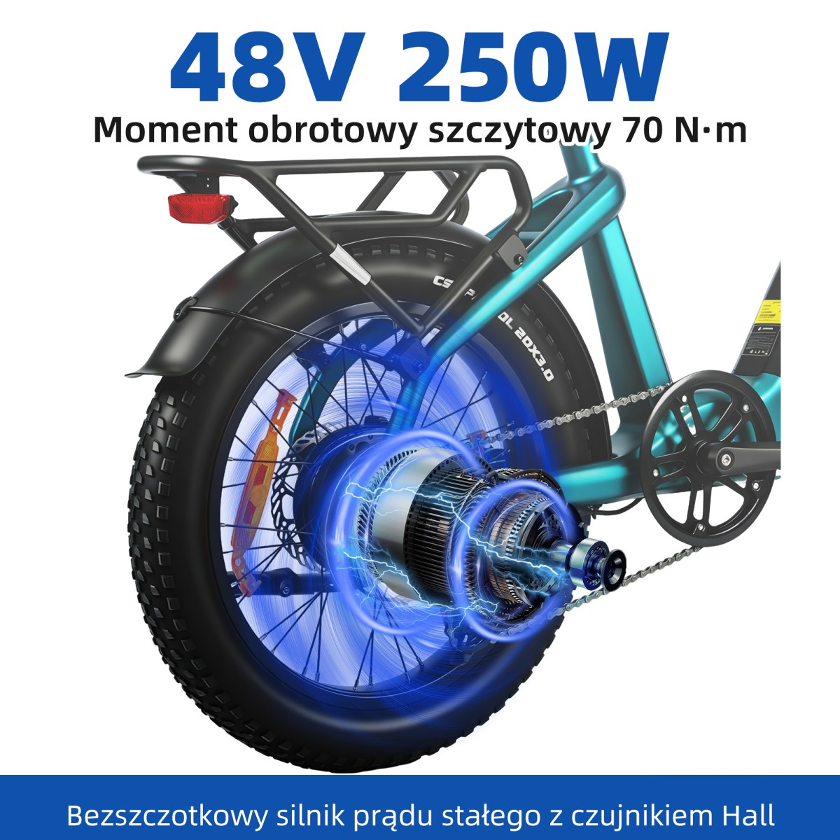 Rower elektryczny z silnikiem 48V 250W, świecący niebieski detal silnika.