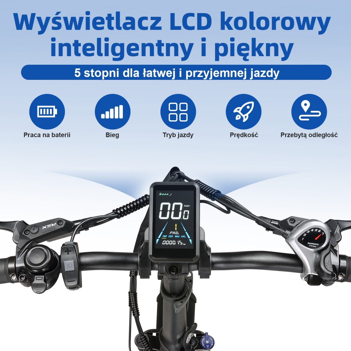 Kierownica roweru z ekranem LCD pokazującym prędkość i stan baterii.