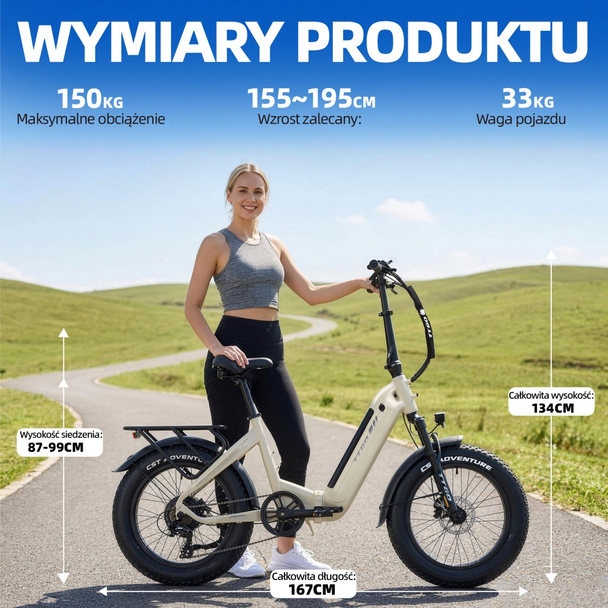 Kobieta stoi obok beżowego roweru elektrycznego. Wymiary produktu pokazane na zdjęciu.