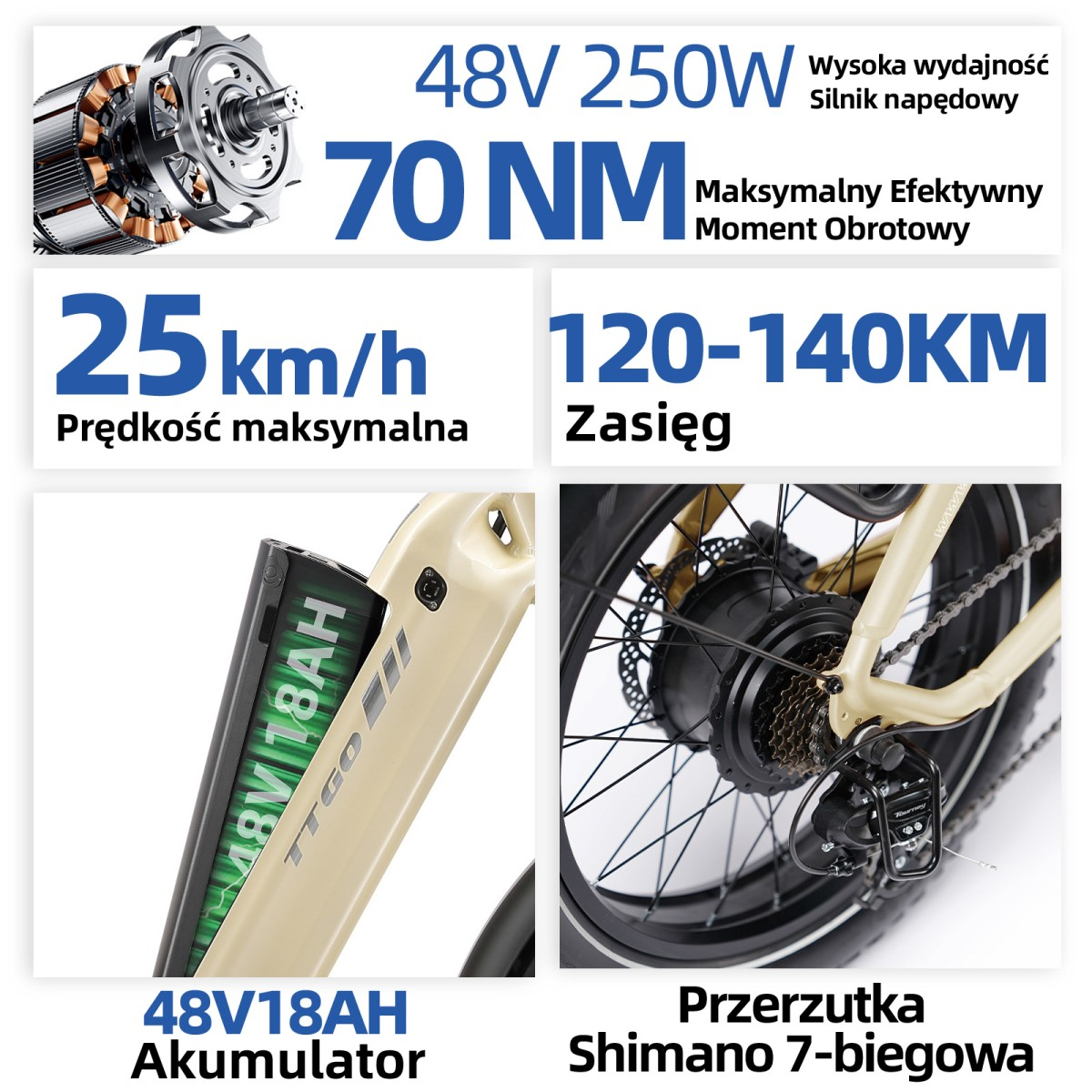 Specyfikacja roweru: silnik 48V 250W, moment 70 Nm, prędkość 25 km/h, zasięg 120-140 km.