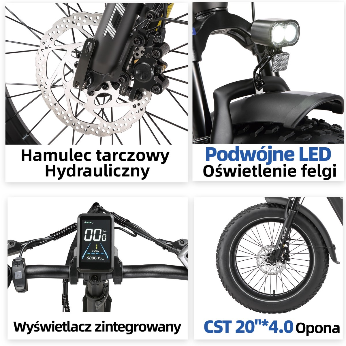 Szczegóły roweru elektrycznego: hamulec tarczowy, podwójne światła, wyświetlacz, szeroka opona.
