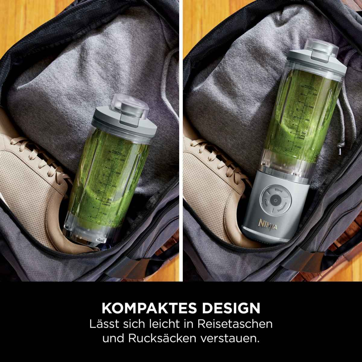 Ein tragbarer Mixer mit grünem Smoothie in einer Tasche, neben Schuhen.