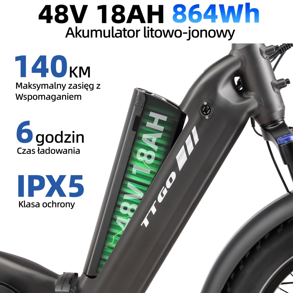 Bateria e-bike: 48V 18AH, zasięg 140km, ładowanie 6h, IPX5.