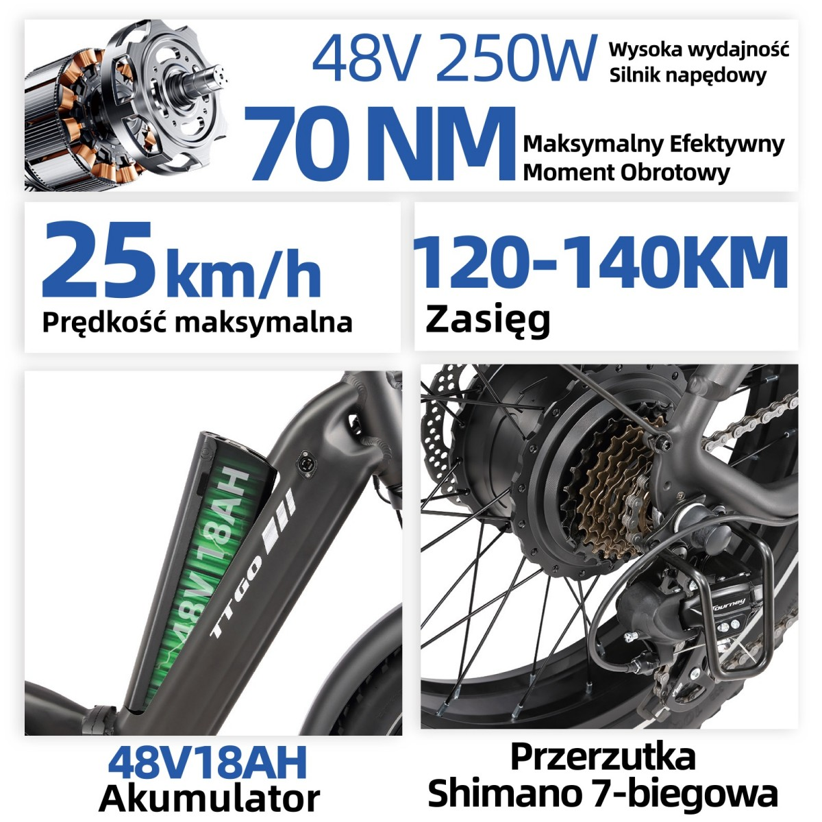 Specyfikacja roweru elektrycznego: silnik 48V 250W, moment 70 Nm, prędkość max 25 km/h, zasięg 120-140 km.