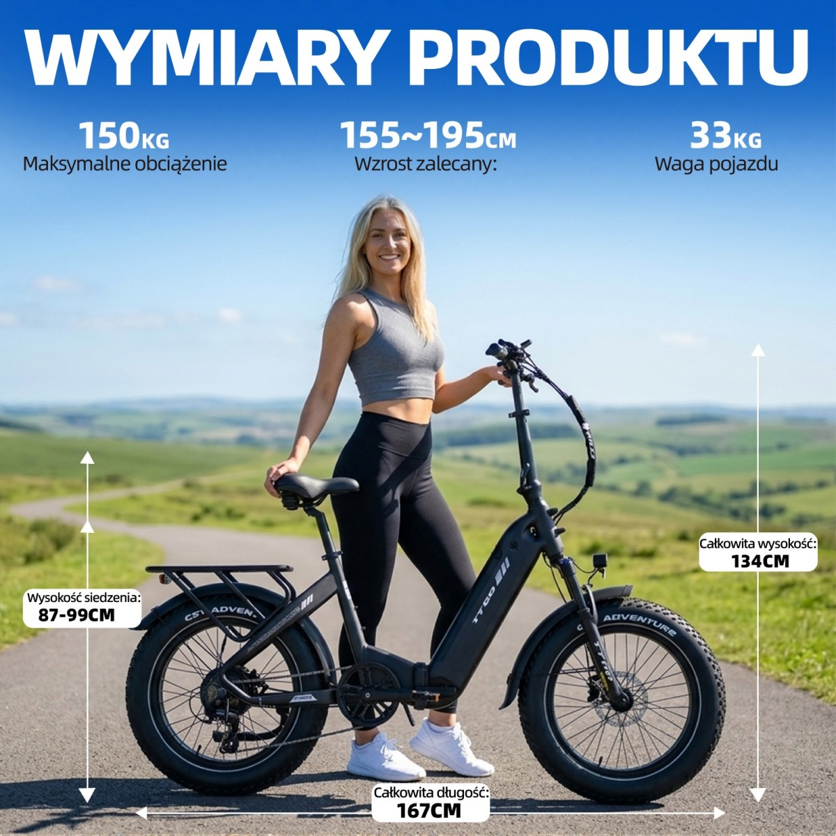 Kobieta obok czarnego roweru elektrycznego. Maks. obciążenie 150kg. Wysokość 134cm.