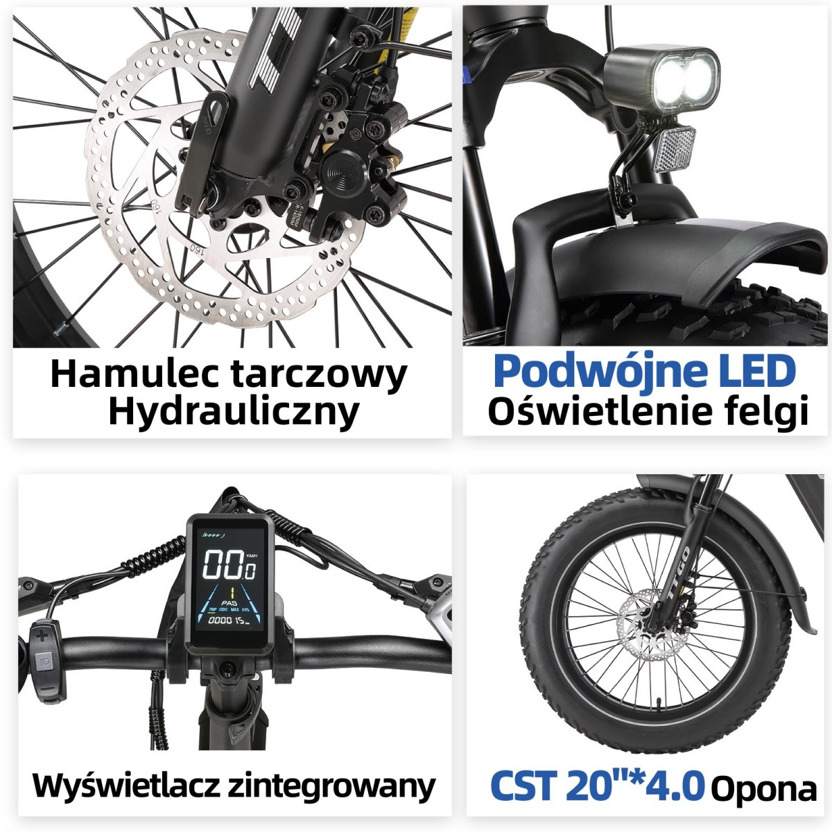 Cztery zbliżenia: hamulec tarczowy, podwójne światła, wyświetlacz, opona 20 cali.