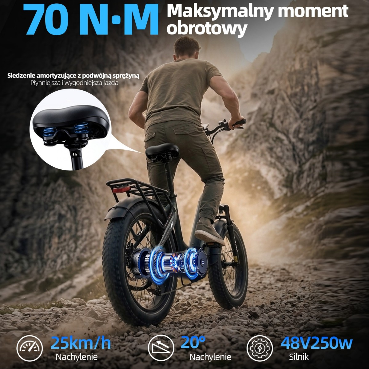 Mężczyzna na rowerze elektrycznym w górskim terenie. Moment 70 Nm.