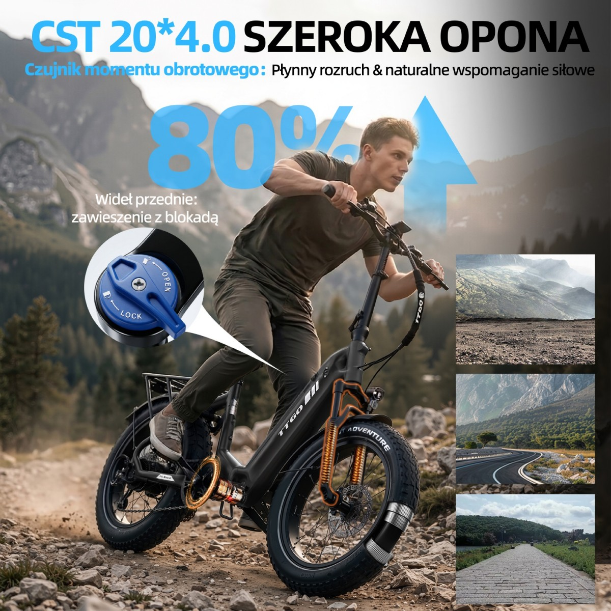 Mężczyzna jedzie na rowerze elektrycznym z szerokimi oponami.