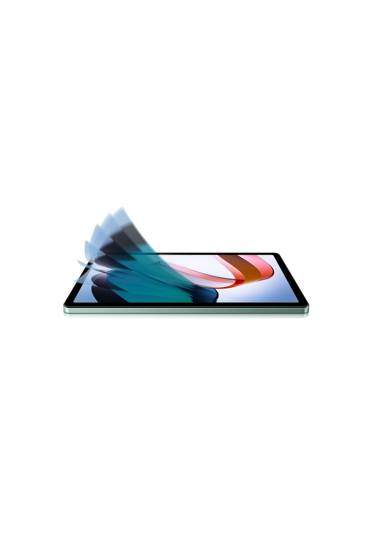 Açılan renkli soyut arka plana sahip yeşil bir tablet.