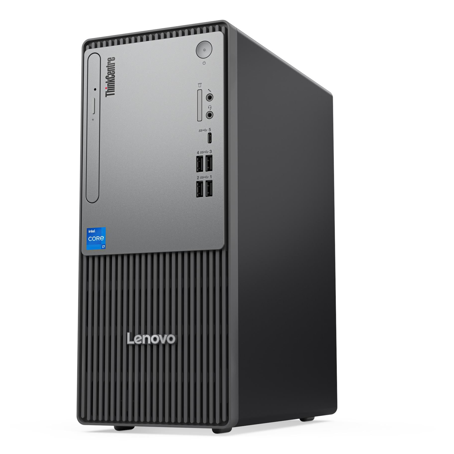 Intel Core i7 etiketli ve bağlantı noktalarına sahip gri Lenovo ThinkCentre PC.
