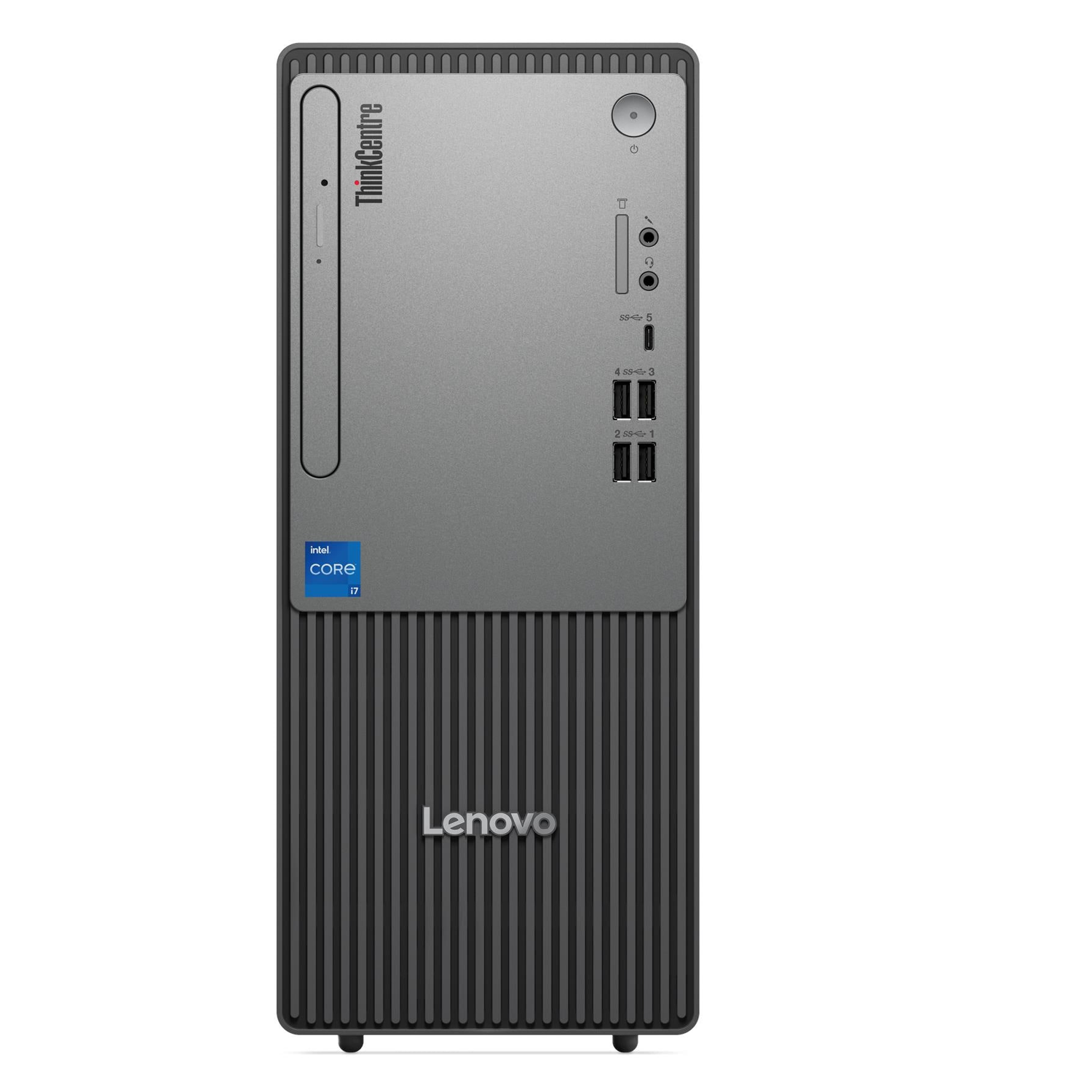 Intel Core i7 etiketi ve USB bağlantı noktaları olan gri Lenovo ThinkCentre PC.