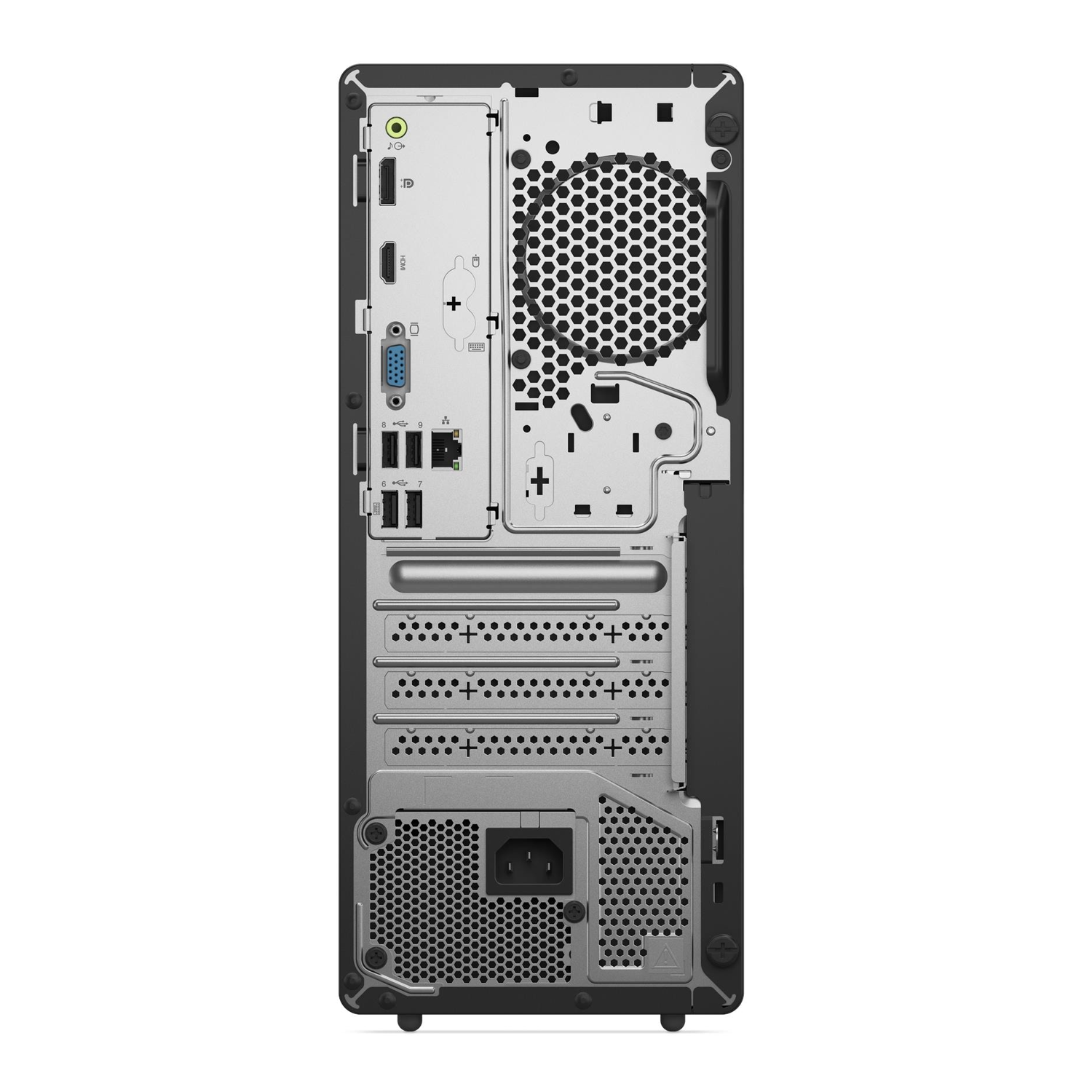 Bağlantı noktaları, havalandırma ızgarası ve güç konektörü gösteren siyah PC'nin arka görünümü.