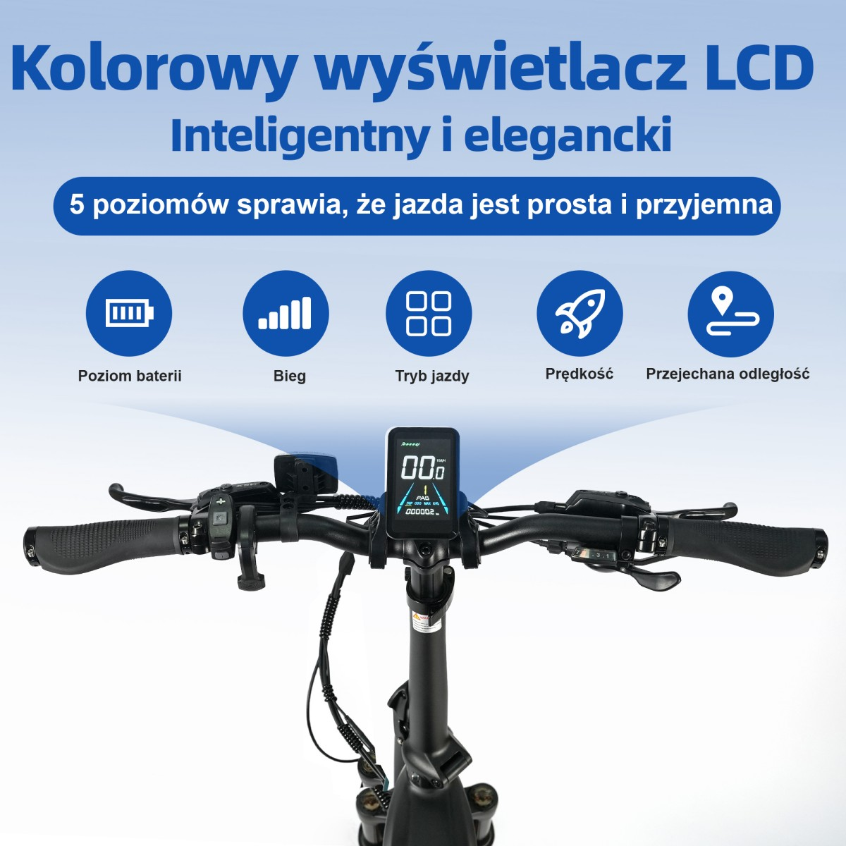 Kierownica hulajnogi elektrycznej z wyświetlaczem LCD pokazującym poziom baterii, bieg, tryb jazdy, prędkość i dystans.