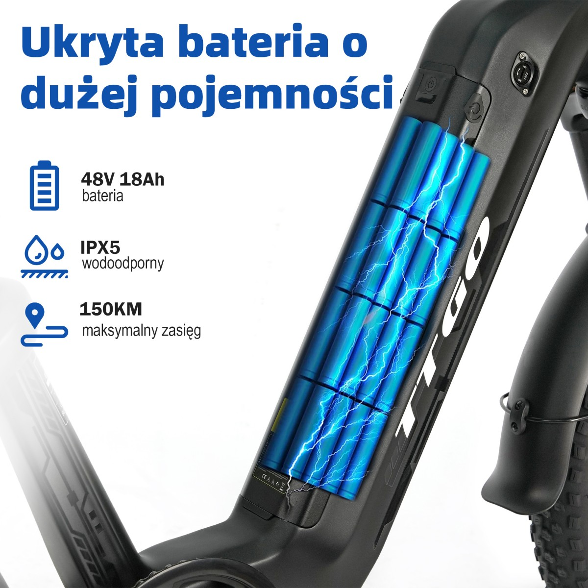 Bateria roweru elektrycznego 48V 18Ah, wodoodporna IPX5, zasięg 150 km.