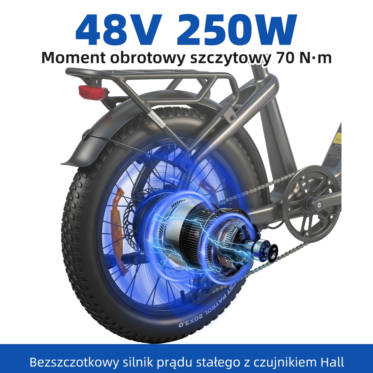 Zbliżenie silnika roweru elektrycznego 48V 250W, 70 Nm momentu obrotowego.