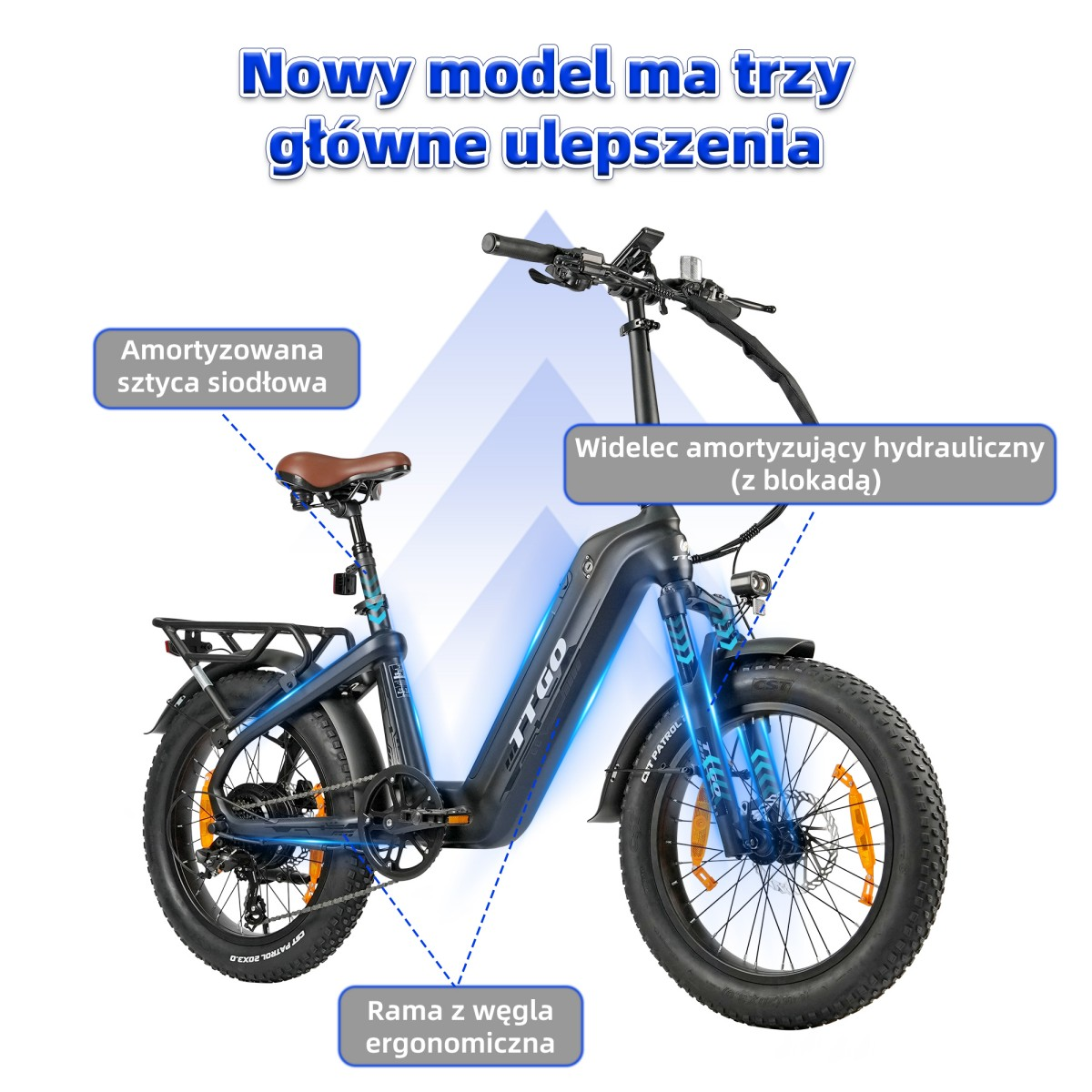 Czarny rower elektryczny z grubymi oponami, amortyzowanym widelcem i sztycą.