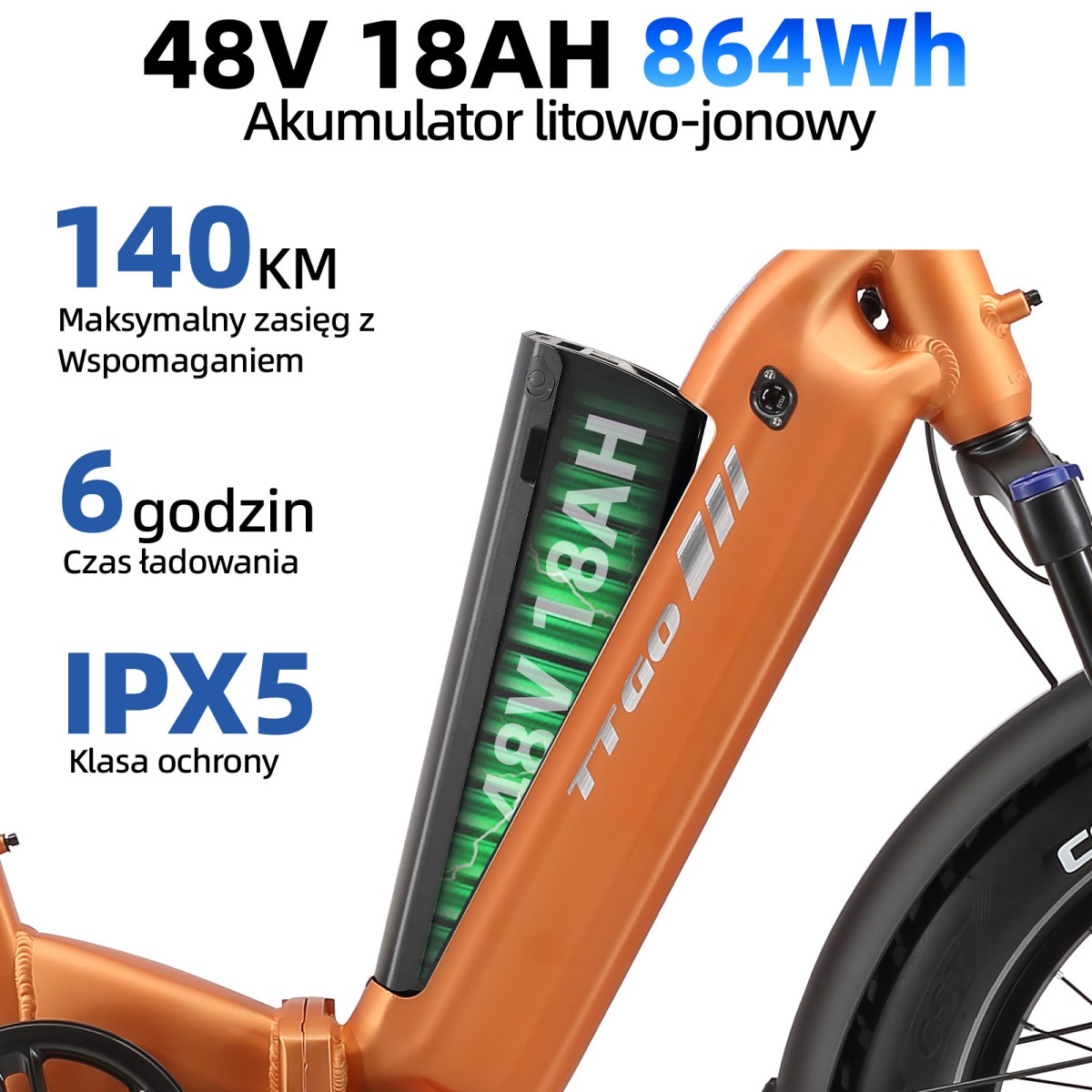 Pomarańczowy rower elektryczny z widoczną baterią, zasięg 140 km, ładowanie 6h, IPX5.