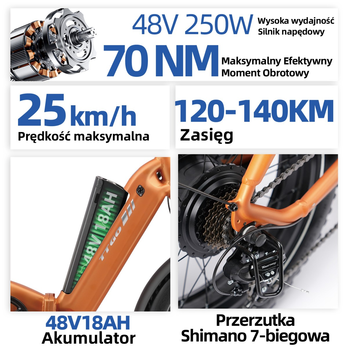 Specyfikacja roweru elektrycznego: silnik 48V 250W, 70 Nm, 25 km/h, zasięg 120-140 km.