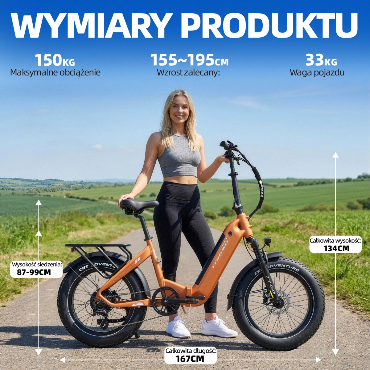 Kobieta stoi obok pomarańczowego roweru elektrycznego z grubymi oponami. Podano wymiary produktu.