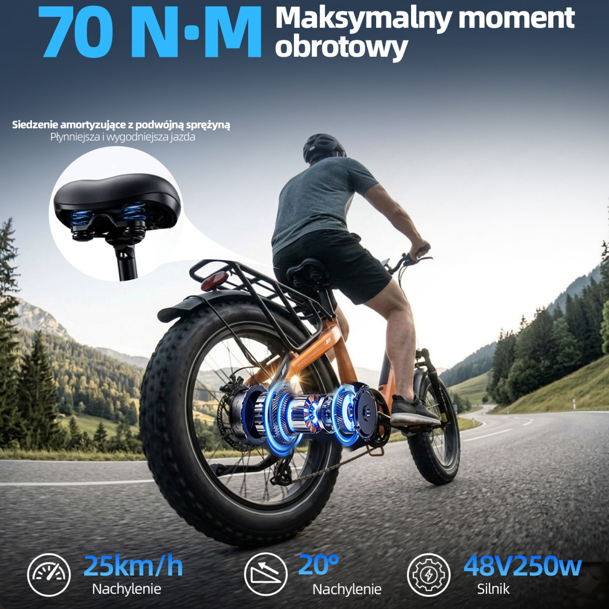 Mężczyzna jedzie na rowerze elektrycznym z szerokimi oponami po drodze. Pokazano szczegóły silnika i mocy.