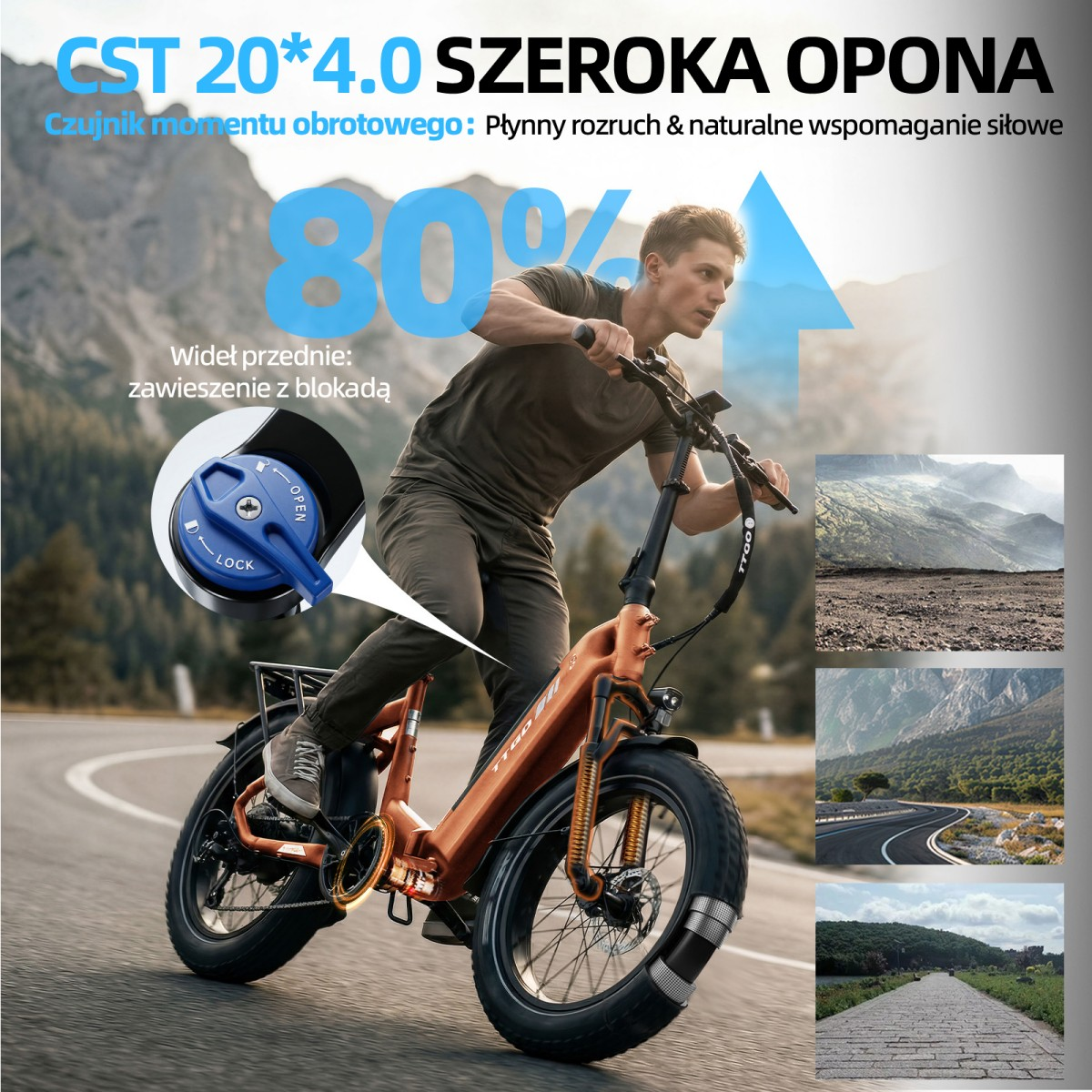 Mężczyzna jedzie na pomarańczowym rowerze elektrycznym, szerokie opony, góry.