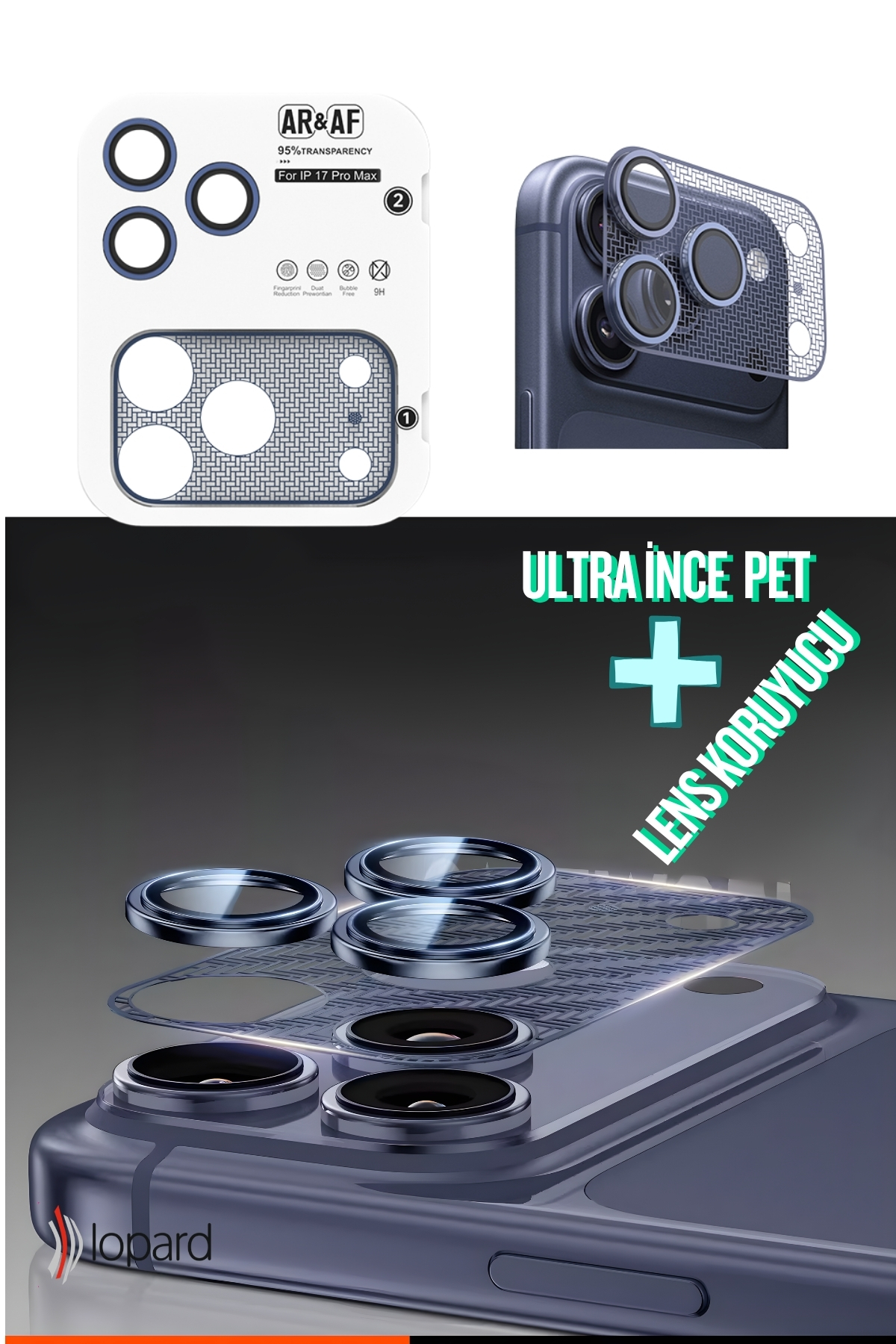 LOPARD iPhone 17 Pro Uyumlu Kamera Gövde + Lens Koruyucu Parmak İzi Bırakmayan Koruma Anti-Reflective CL-22 Telefon Kılıfı Mavi